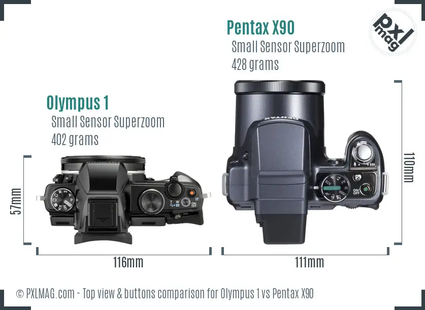 Olympus 1 vs Pentax X90 top view buttons comparison