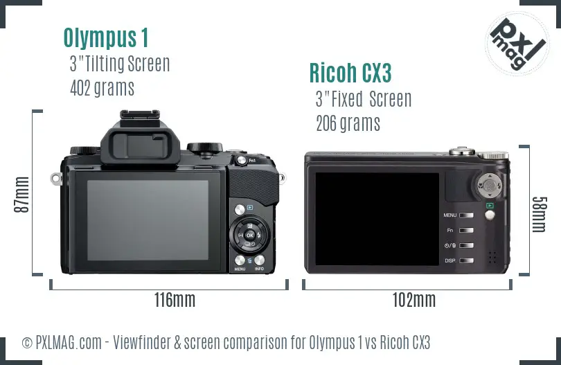 Olympus 1 vs Ricoh CX3 Screen and Viewfinder comparison