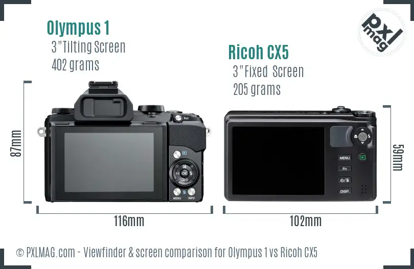 Olympus 1 vs Ricoh CX5 Screen and Viewfinder comparison
