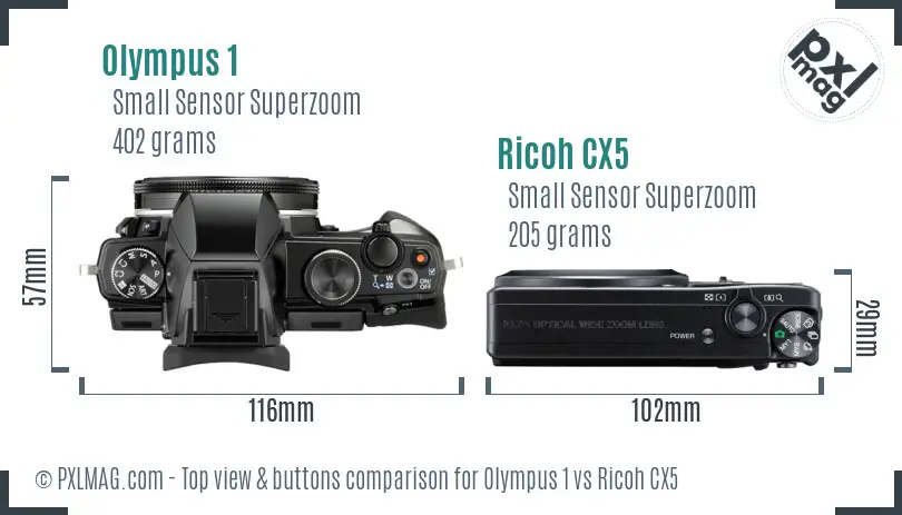 Olympus 1 vs Ricoh CX5 top view buttons comparison