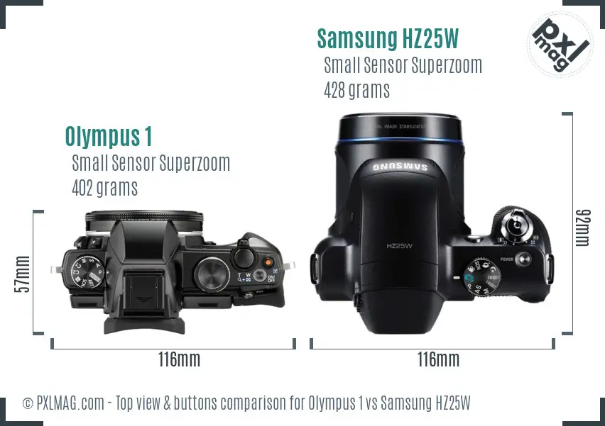Olympus 1 vs Samsung HZ25W top view buttons comparison
