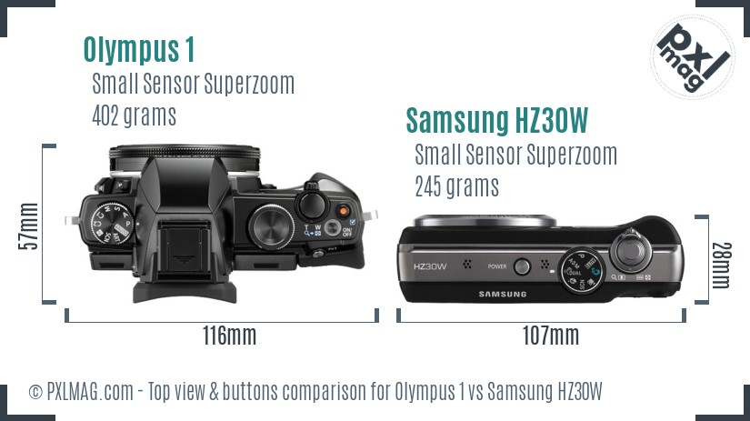 Olympus 1 vs Samsung HZ30W top view buttons comparison