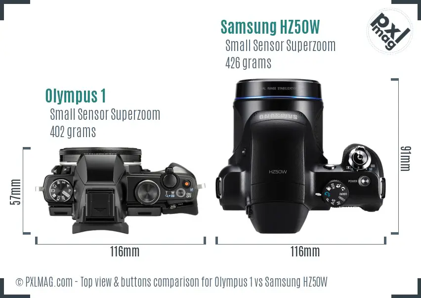 Olympus 1 vs Samsung HZ50W top view buttons comparison Olympus 1 vs Samsung HZ50W top view buttons comparison