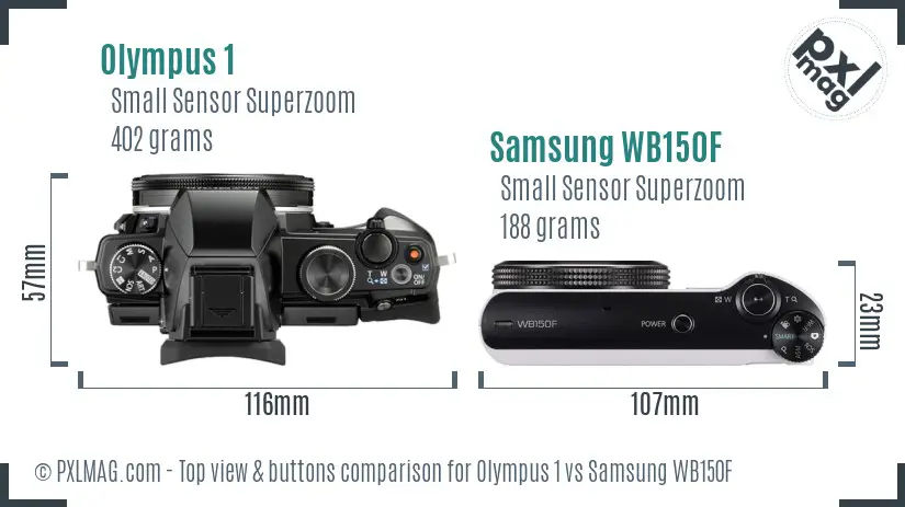 Olympus 1 vs Samsung WB150F top view buttons comparison Olympus 1 vs Samsung WB150F top view buttons comparison
