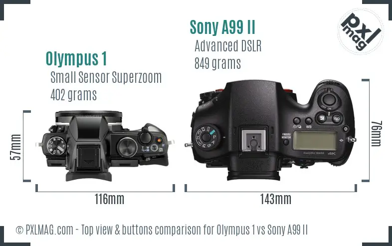 Olympus 1 vs Sony A99 II top view buttons comparison