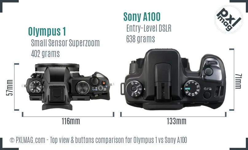 Olympus 1 vs Sony A100 top view buttons comparison