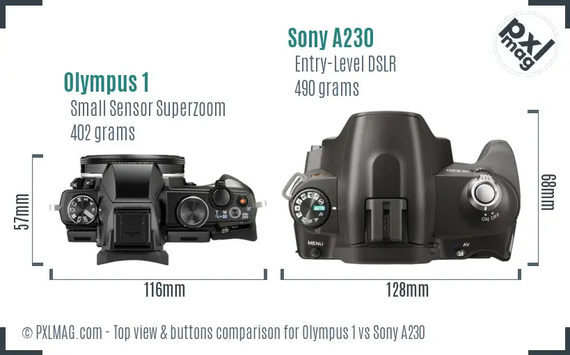 Olympus 1 vs Sony A230 top view buttons comparison