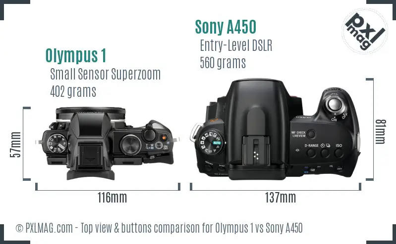 Olympus 1 vs Sony A450 top view buttons comparison Olympus 1 vs Sony A450 top view buttons comparison