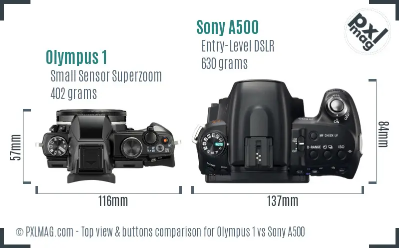 Olympus 1 vs Sony A500 top view buttons comparison