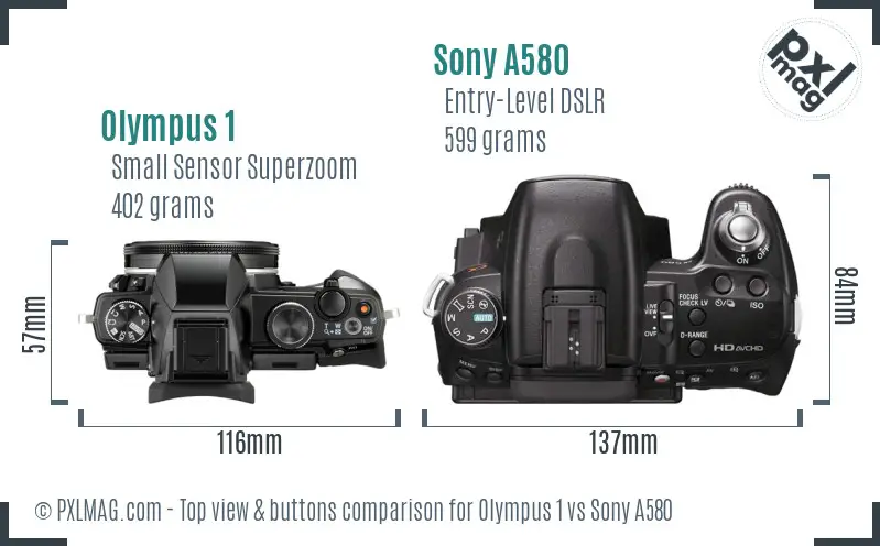Olympus 1 vs Sony A580 top view buttons comparison