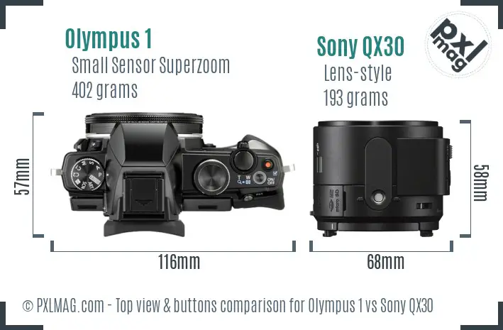 Olympus 1 vs Sony QX30 top view buttons comparison