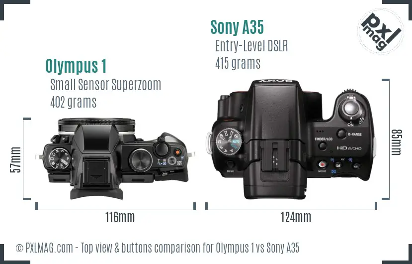 Olympus 1 vs Sony A35 top view buttons comparison Olympus 1 vs Sony A35 top view buttons comparison