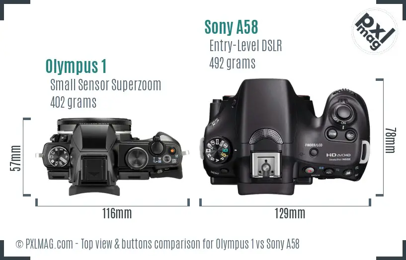 Olympus 1 vs Sony A58 top view buttons comparison