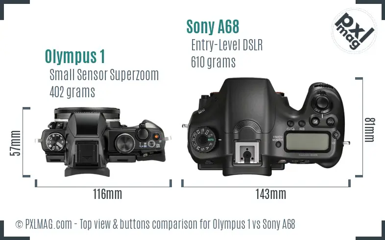 Olympus 1 vs Sony A68 top view buttons comparison Olympus 1 vs Sony A68 top view buttons comparison