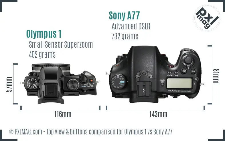 Olympus 1 vs Sony A77 top view buttons comparison