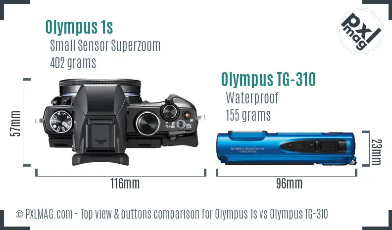 Olympus 1s vs Olympus TG-310 top view buttons comparison