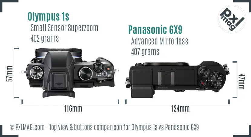 Olympus 1s vs Panasonic GX9 top view buttons comparison