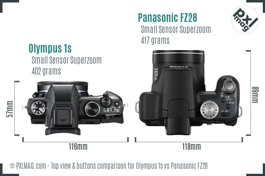 Olympus 1s vs Panasonic FZ28 top view buttons comparison