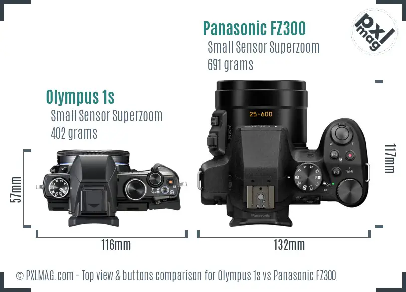 Olympus 1s vs Panasonic FZ300 top view buttons comparison