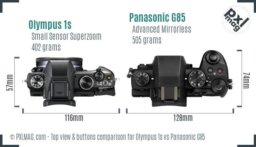 Olympus 1s vs Panasonic G85 top view buttons comparison