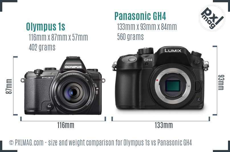 Olympus 1s vs Panasonic GH4 size comparison