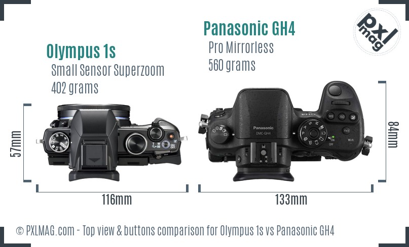 Olympus 1s vs Panasonic GH4 top view buttons comparison