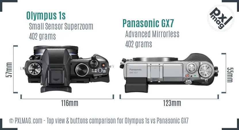 Olympus 1s vs Panasonic GX7 top view buttons comparison