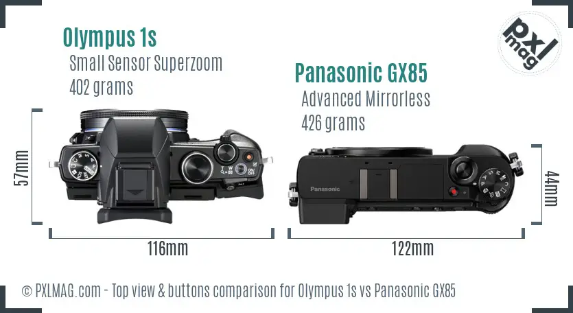 Olympus 1s vs Panasonic GX85 top view buttons comparison