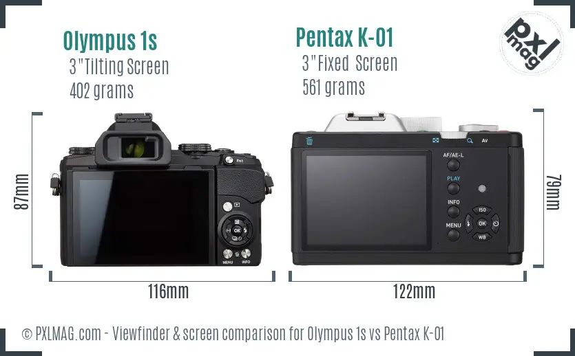 Olympus 1s vs Pentax K-01 Screen and Viewfinder comparison