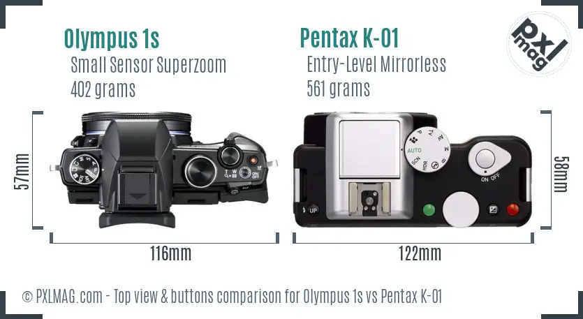 Olympus 1s vs Pentax K-01 top view buttons comparison