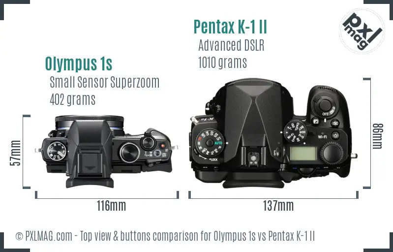 Olympus 1s vs Pentax K-1 II top view buttons comparison