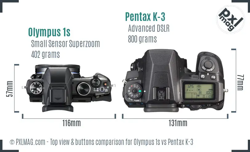 Olympus 1s vs Pentax K-3 top view buttons comparison