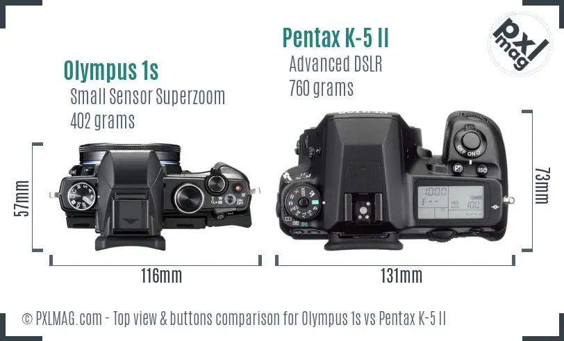 Olympus 1s vs Pentax K-5 II top view buttons comparison