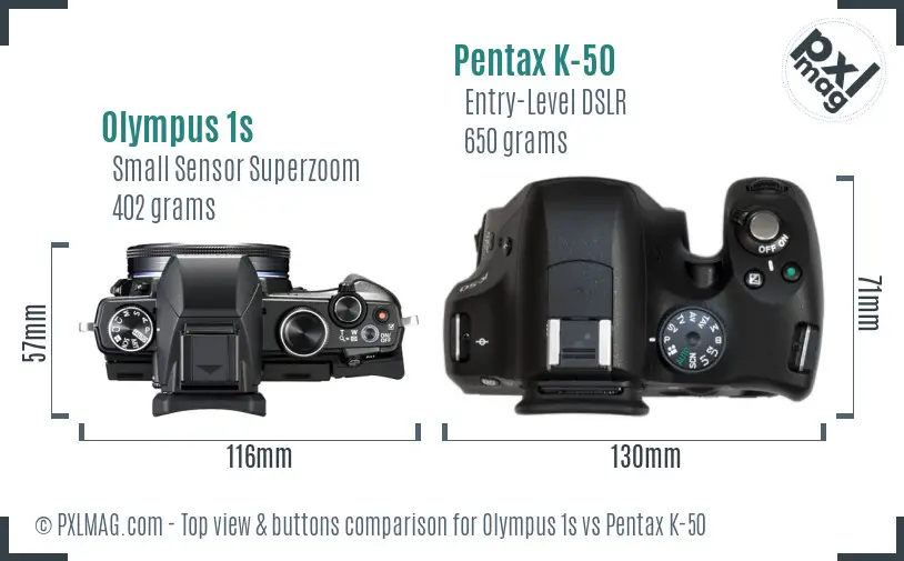 Olympus 1s vs Pentax K-50 top view buttons comparison