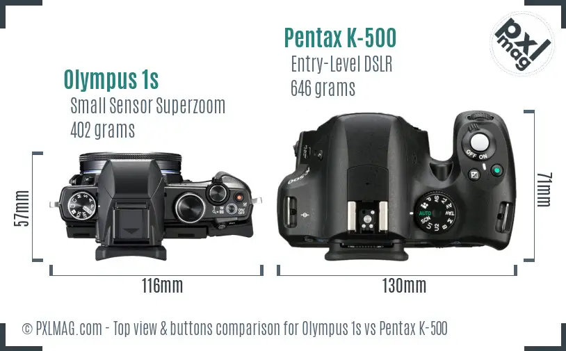 Olympus 1s vs Pentax K-500 top view buttons comparison