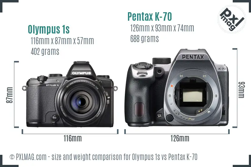 Olympus 1s vs Pentax K-70 size comparison