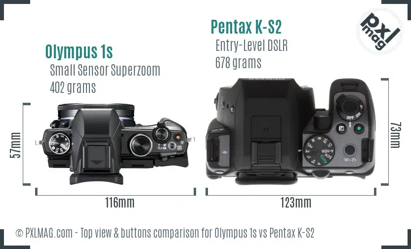 Olympus 1s vs Pentax K-S2 top view buttons comparison
