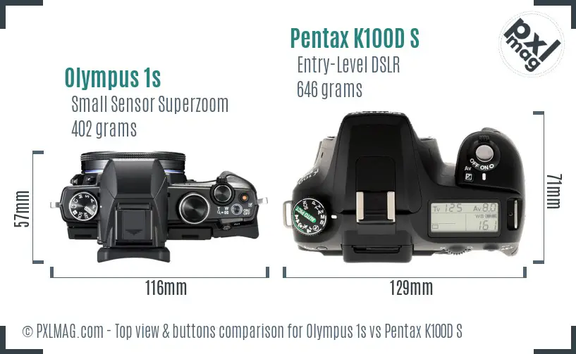 Olympus 1s vs Pentax K100D S top view buttons comparison