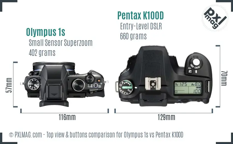 Olympus 1s vs Pentax K100D top view buttons comparison