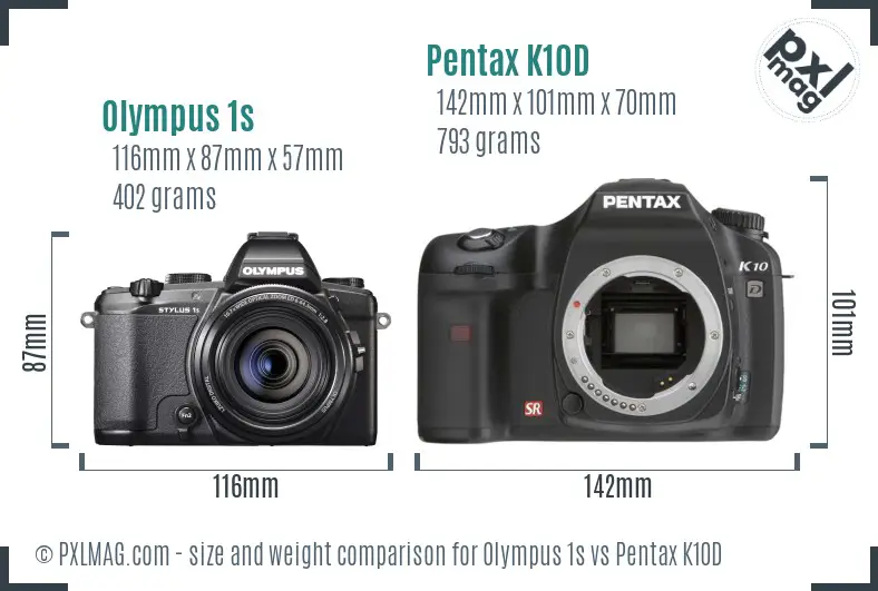 Olympus 1s vs Pentax K10D size comparison