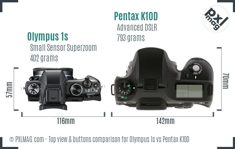 Olympus 1s vs Pentax K10D top view buttons comparison