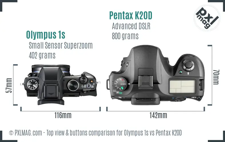 Olympus 1s vs Pentax K20D top view buttons comparison