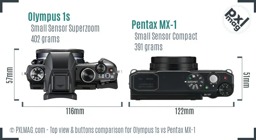 Olympus 1s vs Pentax MX-1 top view buttons comparison