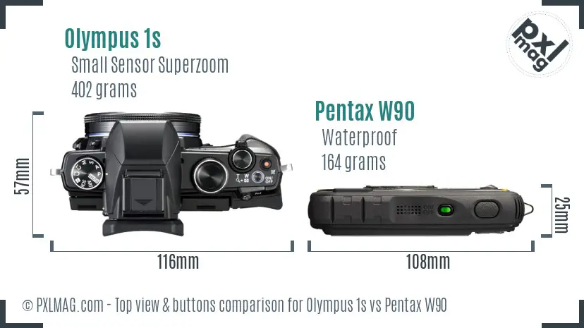 Olympus 1s vs Pentax W90 top view buttons comparison
