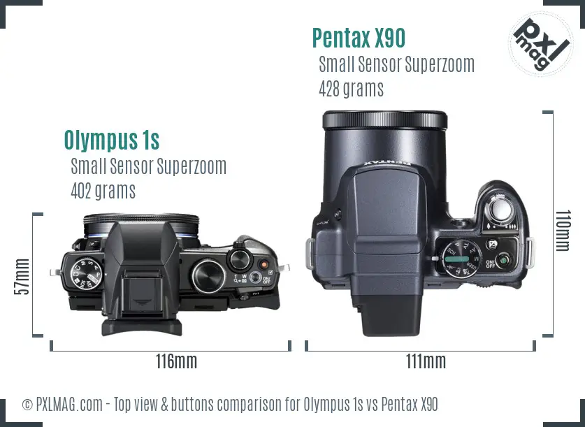 Olympus 1s vs Pentax X90 top view buttons comparison