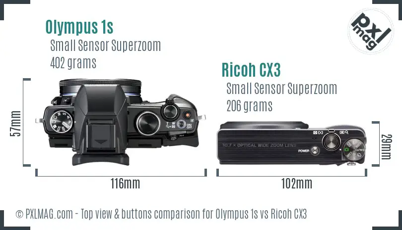 Olympus 1s vs Ricoh CX3 top view buttons comparison