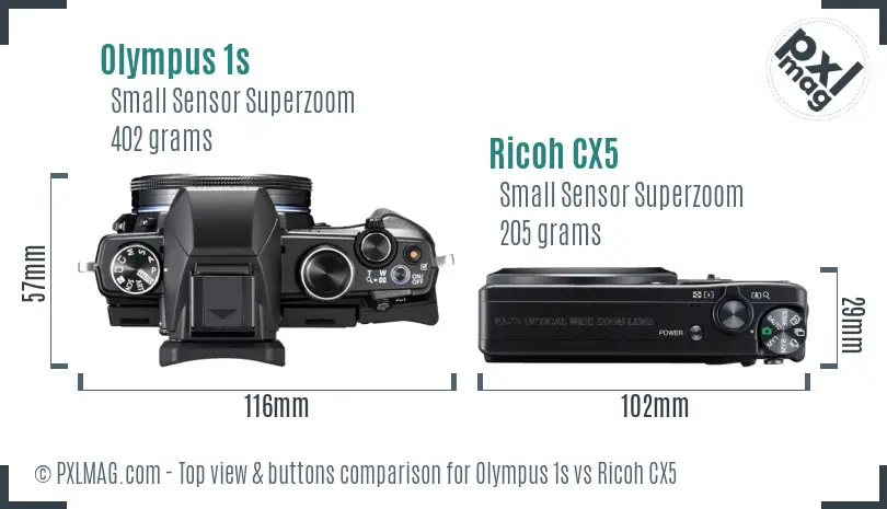 Olympus 1s vs Ricoh CX5 top view buttons comparison