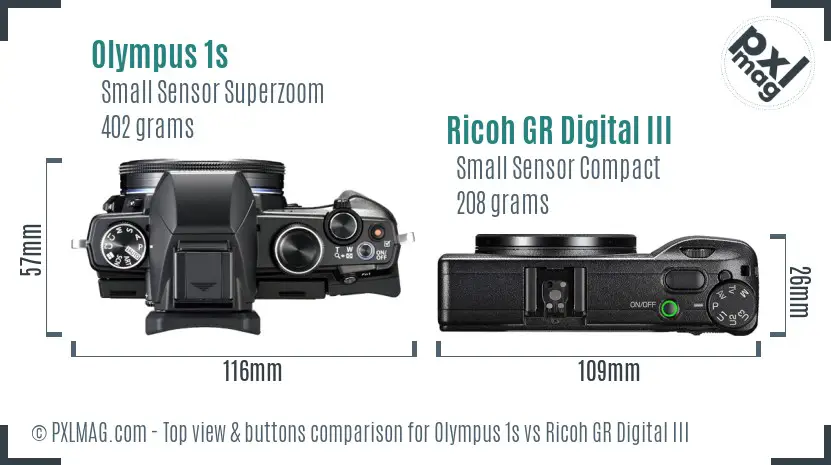 Olympus 1s vs Ricoh GR Digital III top view buttons comparison