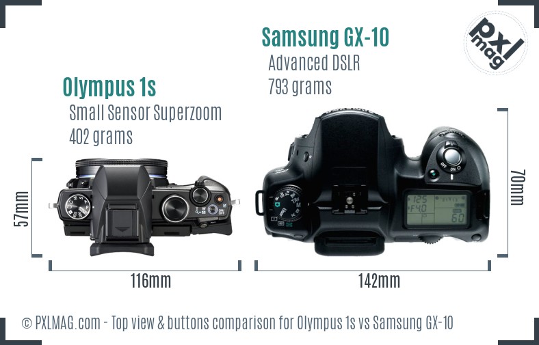 Olympus 1s vs Samsung GX-10 top view buttons comparison