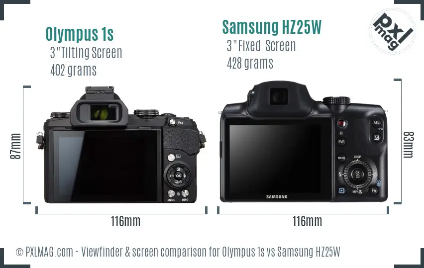 Olympus 1s vs Samsung HZ25W Screen and Viewfinder comparison